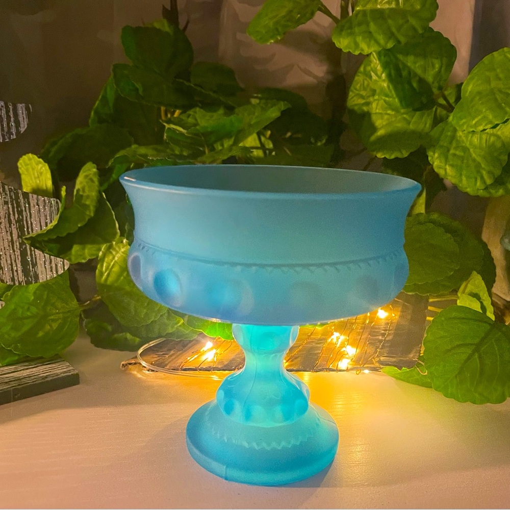 INDIANA GLASS Blue Satin Kings Crown Thumbprint Compote Candy  Dish